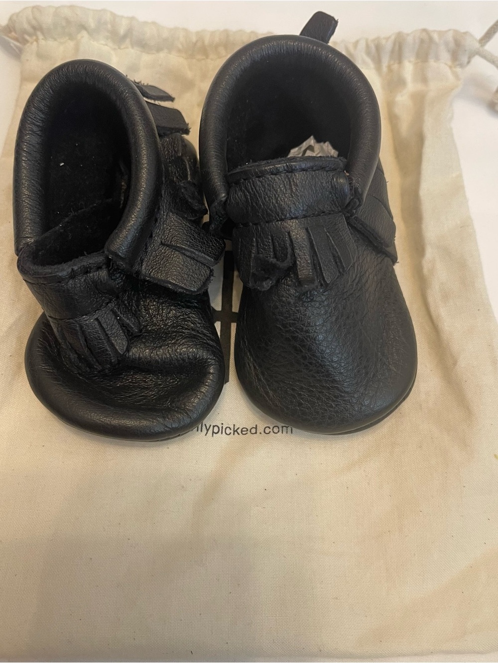 Freshly Picked Black Leather Fringe Moccasins Baby Size 2